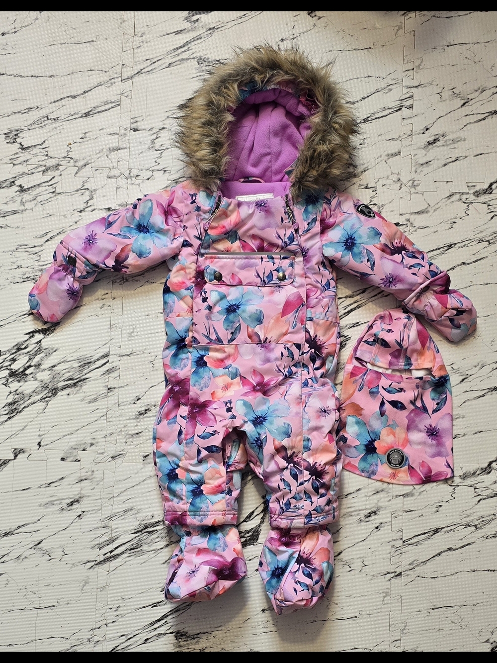 Kids Floral Pink Snowsuit with Hood and Matching Balaclava